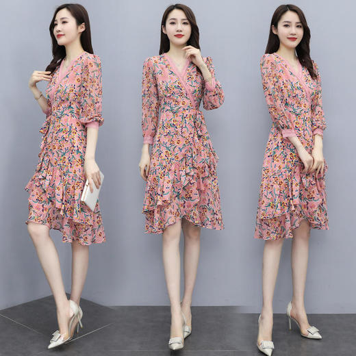 WZWQ213079小碎花雪纺连衣裙女高腰显瘦中长裙子 商品图1