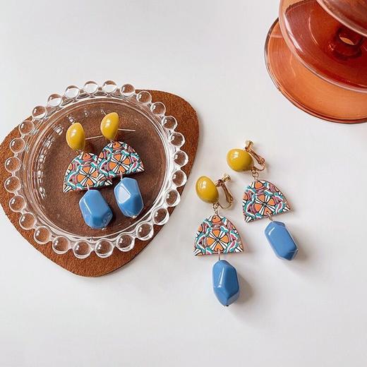 HEYJILL自制 蓝色多瑙河 日系复古黄蓝撞色树脂长耳环原创 商品图7