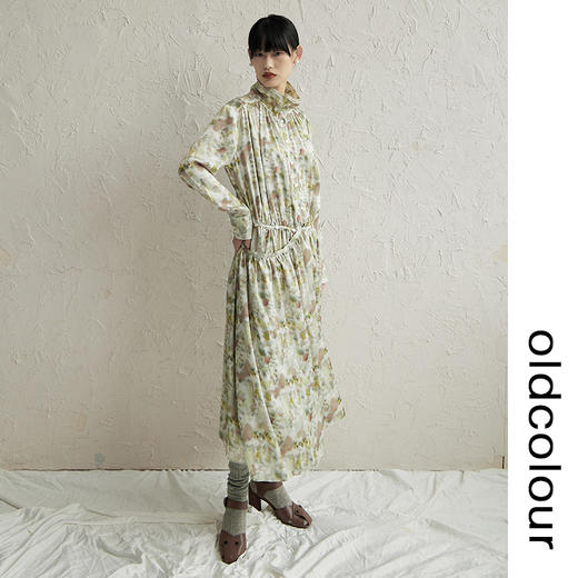 oldcolour印花衬衫连衣裙早秋新款立领低腰线设计感碎花裙 商品图2