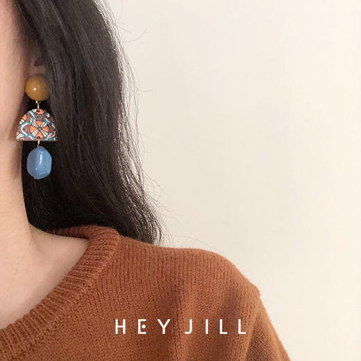 HEYJILL自制 蓝色多瑙河 日系复古黄蓝撞色树脂长耳环原创 商品图4