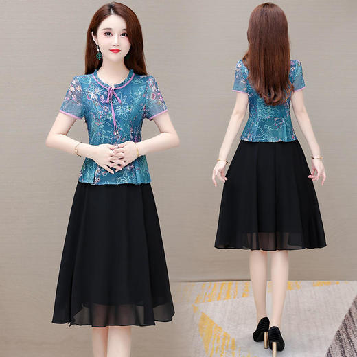 QYM-JJ-92188-Y新款时尚优雅气质修身中长款拼接假两件网纱刺锈连衣裙 商品图5