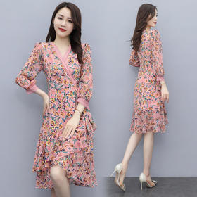 WZWQ213079小碎花雪纺连衣裙女高腰显瘦中长裙子