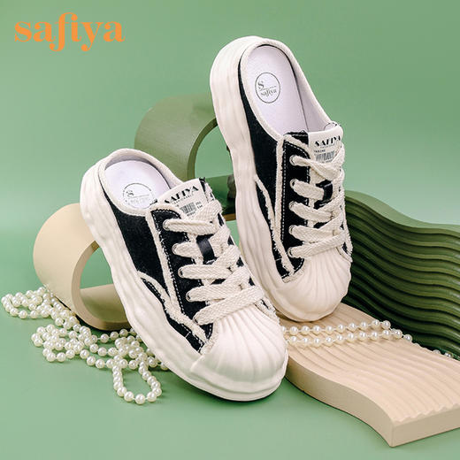 Safiya索菲娅贝壳头溶解底帆布休闲拖鞋2022新款网红风小白拖穆勒拖SF23110401 商品图0