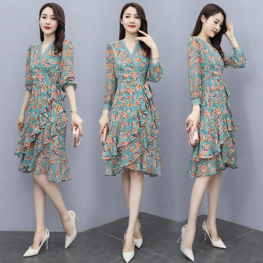 WZWQ213079小碎花雪纺连衣裙女高腰显瘦中长裙子 商品图5