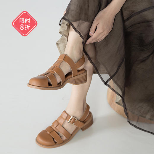 绽放015朵/粗跟包头罗马鞋增高复古牛皮女鞋休闲凉鞋 商品图0
