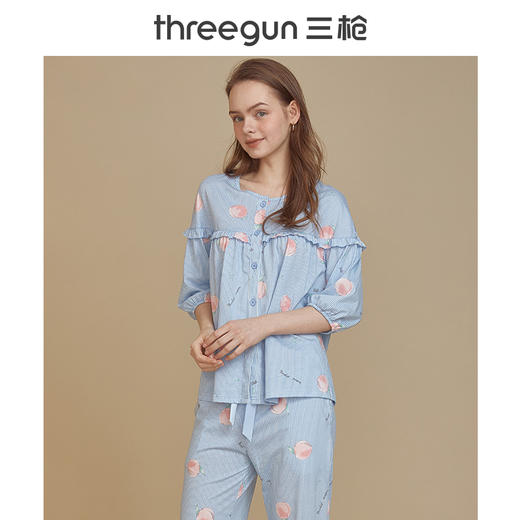 Threegun三枪 【水柔棉】圆领开襟中袖长裤女士家居套家居服-81860D011 商品图1