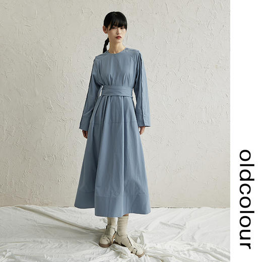 oldcolour纯色简约A摆连衣裙早秋新款设计感气质圆领长款裙子 商品图1