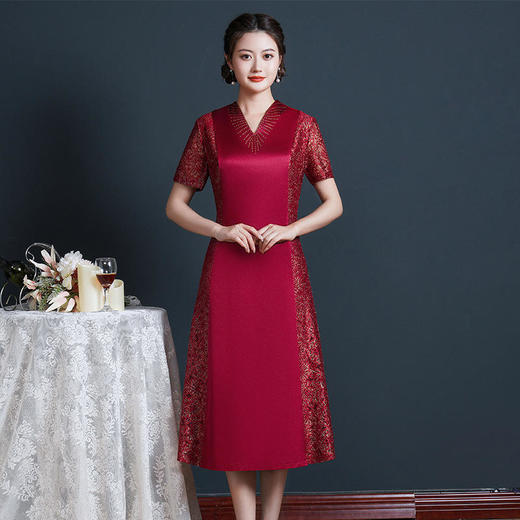 SRT380新款高端优雅气质修身V领短袖韩国缎蕾丝拼接连衣裙 商品图0