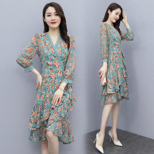 WZWQ213079小碎花雪纺连衣裙女高腰显瘦中长裙子 商品图2