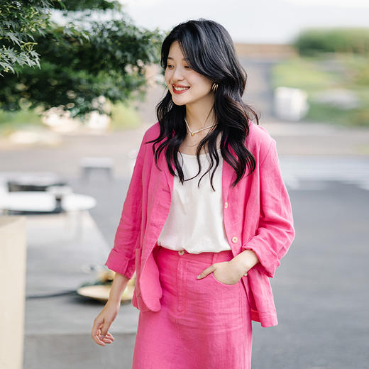 三绽放/553-565/魅惑粉亚麻文艺休闲西装薄款宽松外套女半身裙套装 商品图3
