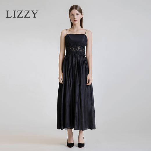 LIZZY 2024时尚仙女风桑蚕丝拼接蕾丝收腰修身大摆吊带连衣裙5752 商品图0