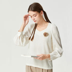 famecoco泡泡袖v领针织衫女秋季长袖薄款宽松套头毛衫上衣