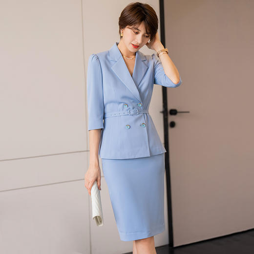 艾尚臣蓝色西装套装女2022夏新款职业装气质高端工作服通勤套装裙 商品图3
