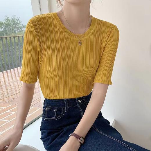 【常规圆领，时尚大方】黛唯梵冰丝针织衫女上衣，2022新款修身显瘦打底短袖薄款 商品图0