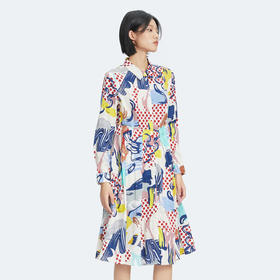 【不规则印花】谜底2022秋复古文艺印花收腰连衣裙女227ML6129