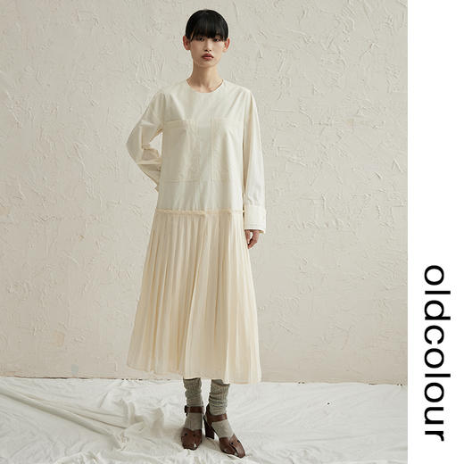 oldcolour纯棉拼接垂感百褶连衣裙早秋新款简约舒适设计感长裙 商品图0