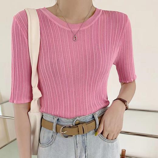 【常规圆领，时尚大方】黛唯梵冰丝针织衫女上衣，2022新款修身显瘦打底短袖薄款 商品图4