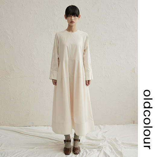 oldcolour纯色简约A摆连衣裙早秋新款设计感气质圆领长款裙子 商品图2