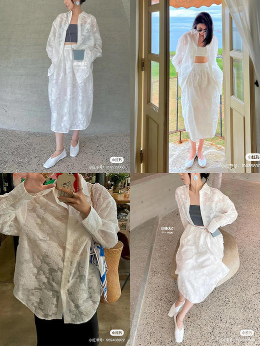 HIDEMI 度假系列浮雕剪花三件套 茧型半身裙/短袖上衣/长袖衬衫 商品图1