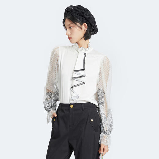 谜底衬衫女2022秋季新款复古时尚窄肩灯笼袖蕾丝衬衫228MC6154 商品图1