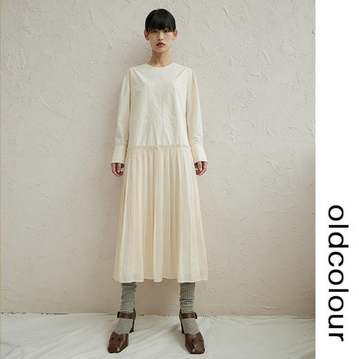 oldcolour纯棉拼接垂感百褶连衣裙早秋新款简约舒适设计感长裙 商品图2