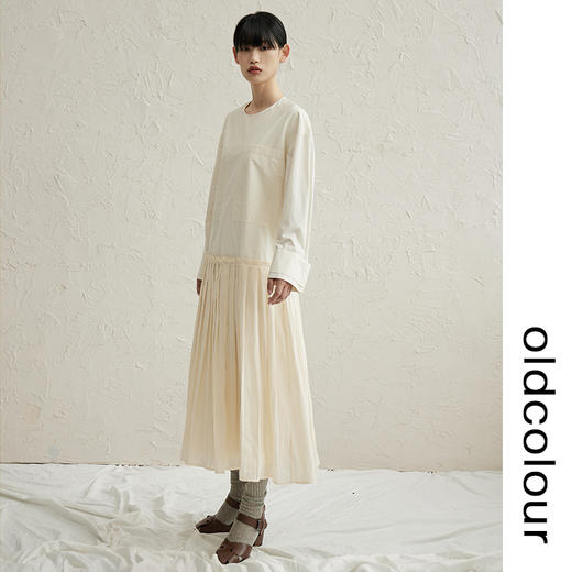 oldcolour纯棉拼接垂感百褶连衣裙早秋新款简约舒适设计感长裙 商品图1