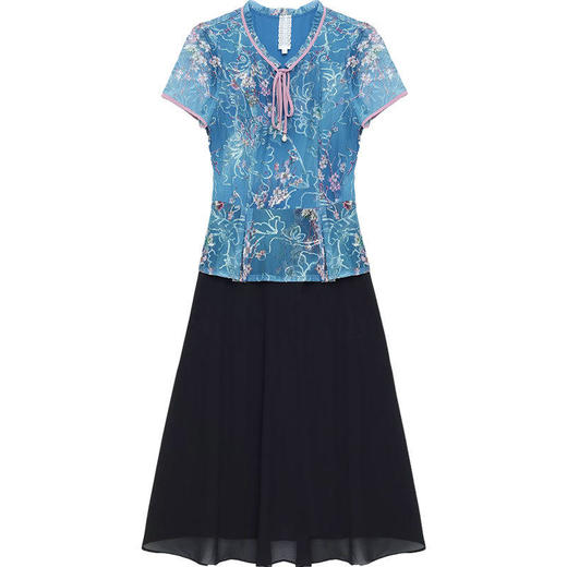 QYM-JJ-92188-Y新款时尚优雅气质修身中长款拼接假两件网纱刺锈连衣裙 商品图7