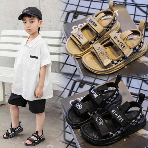 【2022夏季新款】儿童运动凉鞋，男童棋盘格露趾沙滩鞋，中大童防滑休闲鞋子 商品图0