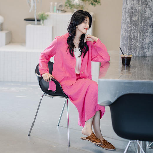 三绽放/553-565/魅惑粉亚麻文艺休闲西装薄款宽松外套女半身裙套装 商品图2