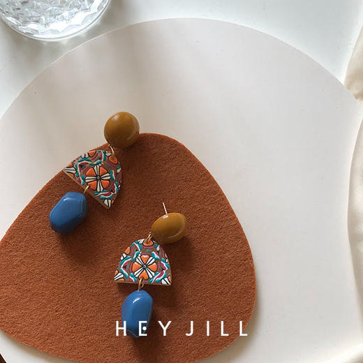 HEYJILL自制 蓝色多瑙河 日系复古黄蓝撞色树脂长耳环原创 商品图5