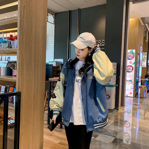 外套女春秋百搭薄款2021新款韩版宽松学生可爱小熊情侣拼色棒球服 商品图5