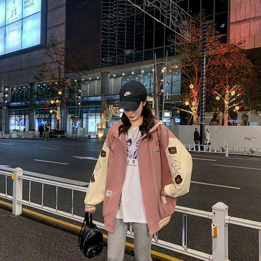 外套女春秋百搭薄款2021新款韩版宽松学生可爱小熊情侣拼色棒球服 商品图7