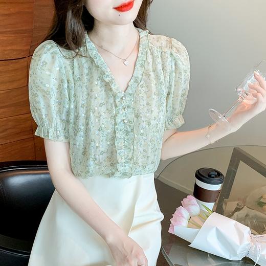 夏季新款人鱼姬碎花雪纺衫，时尚V领木耳边上衣淑女短袖KQL-9359 商品图3