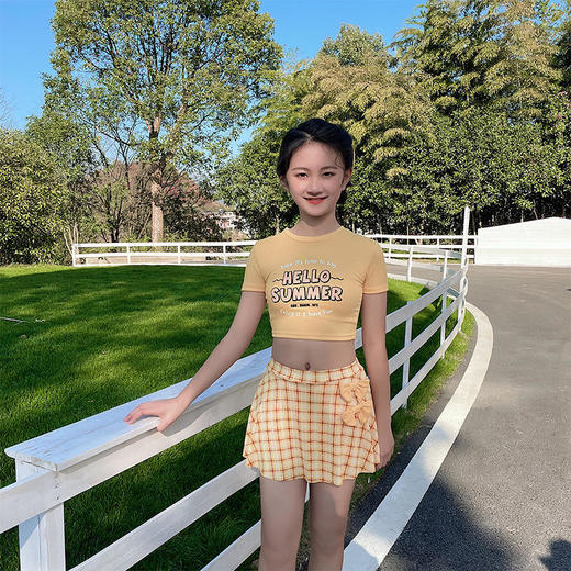 儿童泳衣女新款分体两件套女童中大童游泳衣可爱蝴蝶结格子田园风 商品图3