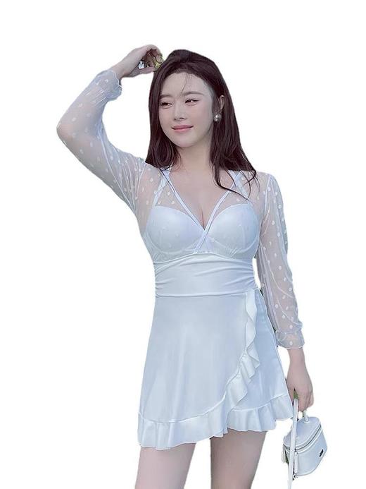 大码连体泳衣女保守长袖钢托专业游泳装新款蕾丝胖MM显瘦温泉 商品图2