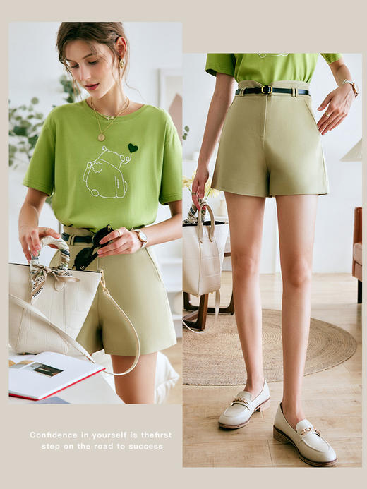 欧芮儿OLrain法式绿色休闲裤女夏季2022年新款高腰阔腿西装短裤 商品图3