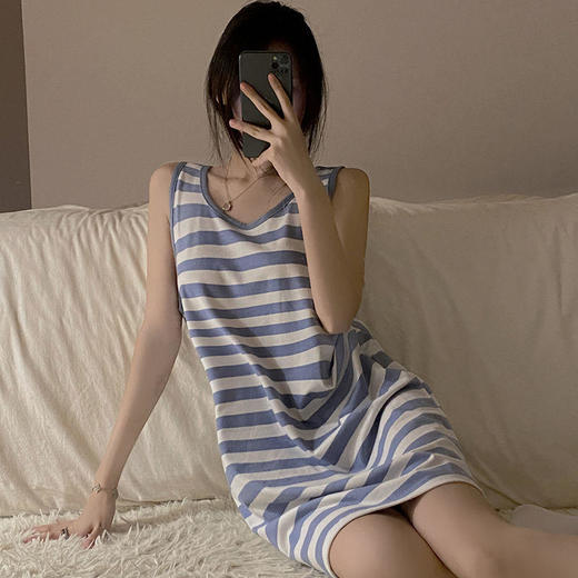 【衣舒心，梦缤纷】黛唯梵夏季薄款2022年新款背心睡裙女吊带纯欲风无袖条纹睡衣裙 商品图1