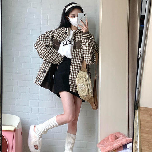粉色软糯小香风外套女小个子别致上衣2022春季潮牌格子宽松棒球服 商品图1