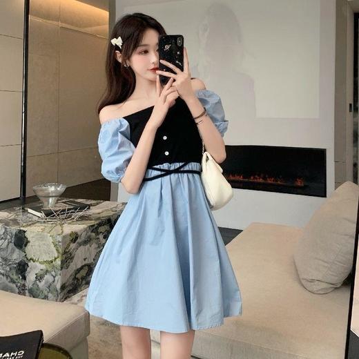 黛唯梵温柔风茶歇桔梗裙2022新款方领法式初恋公主风一字领连衣裙女夏天 商品图3