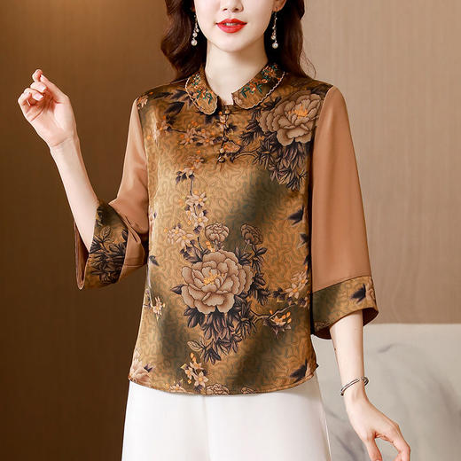 DP1456 真丝大码绣花桑蚕丝衬衫女2022夏季新款领宽松洋气显瘦印花上衣女 商品图4