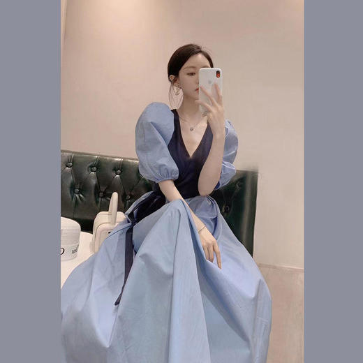 裙子女夏2022新款胖mm法式收腰显瘦气质女神范撞色超仙初恋连衣裙 商品图3