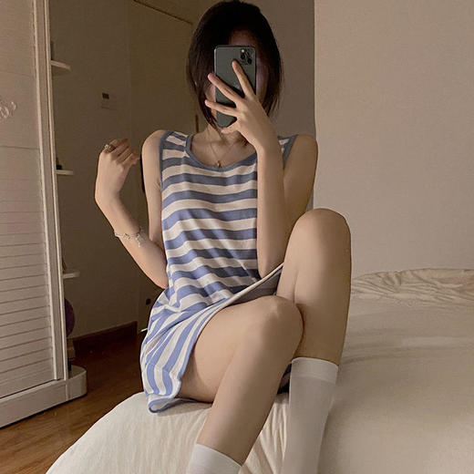 【衣舒心，梦缤纷】黛唯梵夏季薄款2022年新款背心睡裙女吊带纯欲风无袖条纹睡衣裙 商品图0