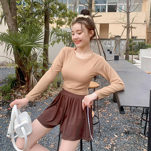 泳衣女分体平角裙裤两件套显瘦纯色时尚少女学生防晒度假温泉泳衣 商品图0