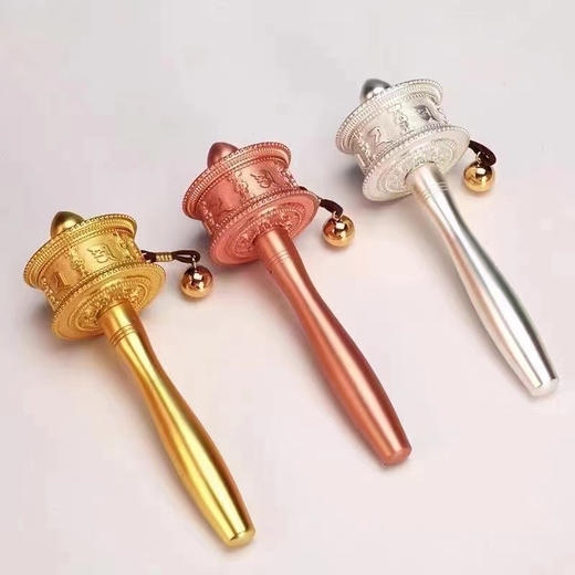 新品德田手摇转经轮静音六字真言锌合金电镀工艺家用摆件西藏转经筒大中小三个号 商品图1