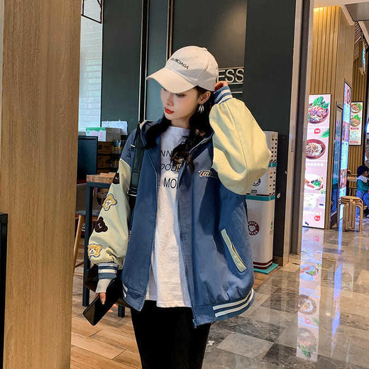 外套女春秋百搭薄款2021新款韩版宽松学生可爱小熊情侣拼色棒球服 商品图3