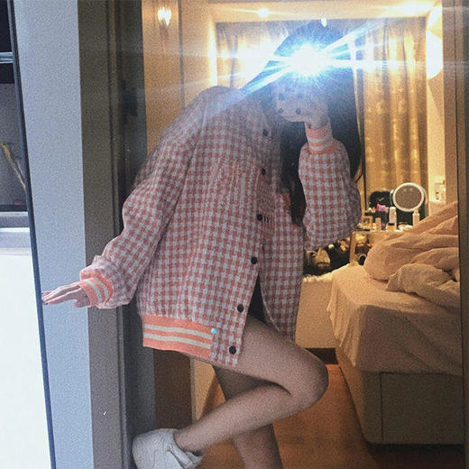 粉色软糯小香风外套女小个子别致上衣2022春季潮牌格子宽松棒球服 商品图5