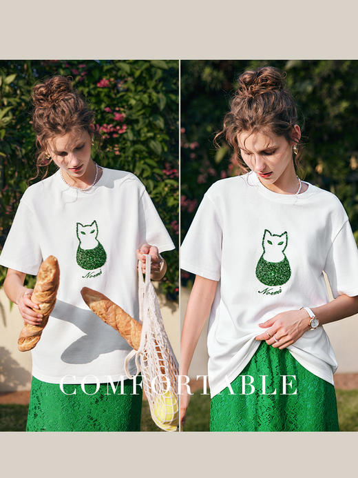 OLrain法式高级穿搭白色短袖t恤女夏季2022新款宽松猫咪刺绣上衣 商品图1