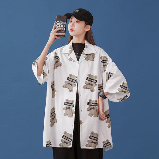 小熊衬衫女设计感小众2021新款夏短袖五分袖复古薄款外套港味衬衣 商品图0