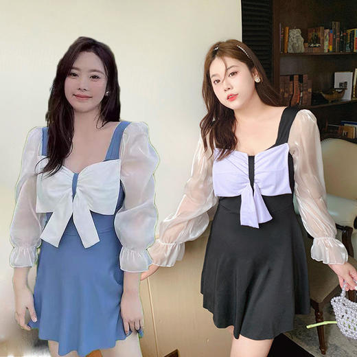 大码泳衣女连体胖MM专业泳装长袖可爱蝴蝶结一体式加大款度假 商品图1