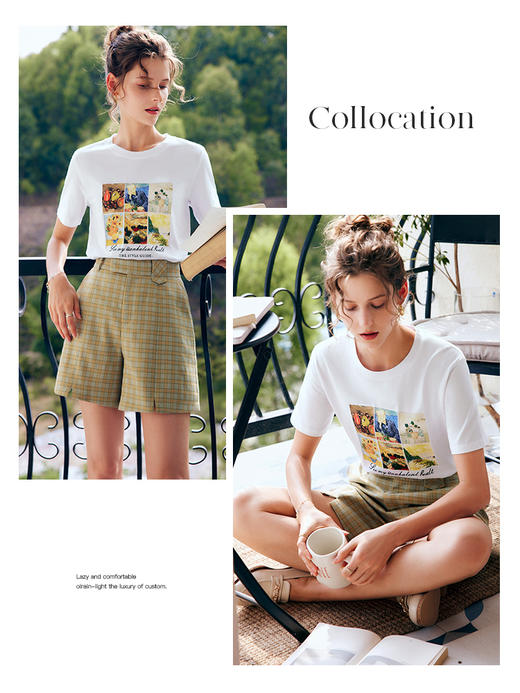 OLrain法式高级穿搭白色短袖T恤女夏季2022新款时尚印花纯棉上衣 商品图2